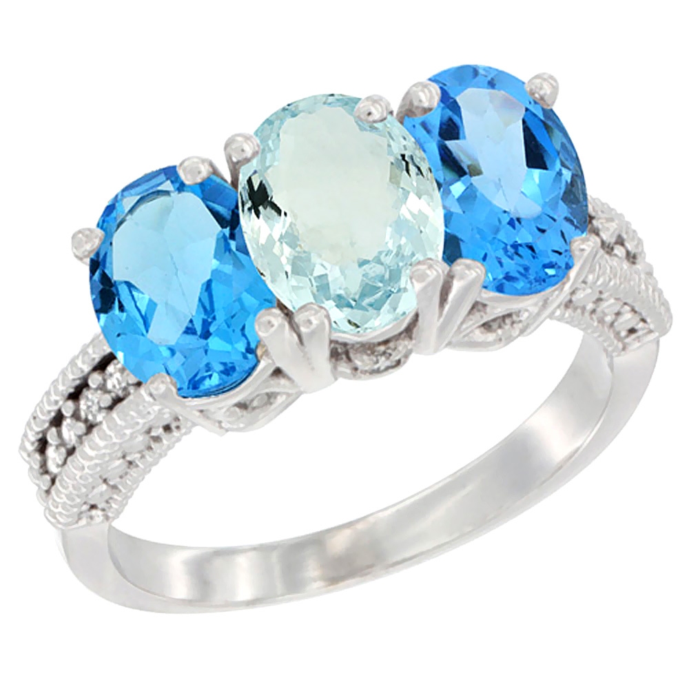 10K White Gold Natural Aquamarine & Swiss Blue Topaz Sides Ring 3-Stone Oval 7x5 mm Diamond Accent, sizes 5 - 10