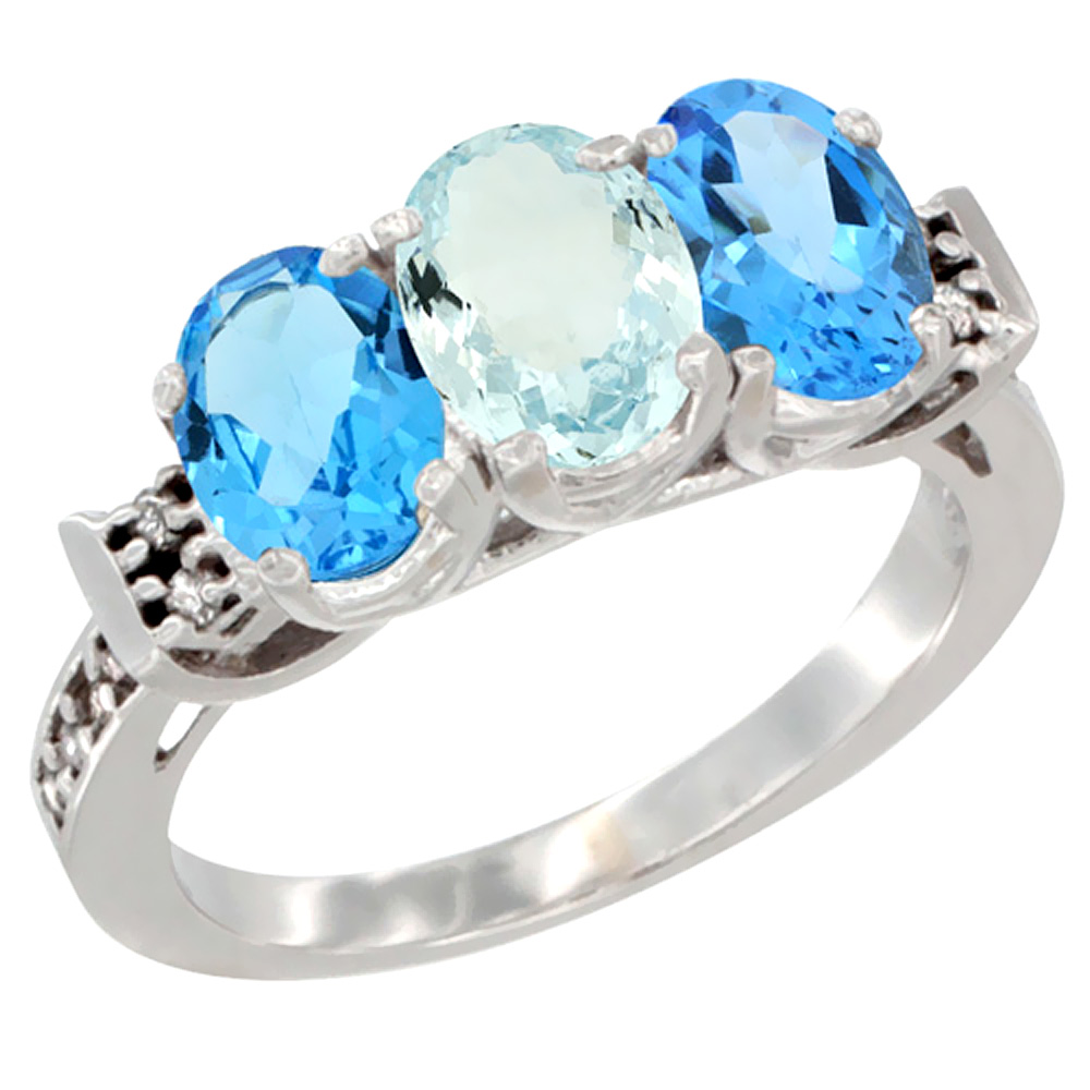 14K White Gold Natural Aquamarine & Swiss Blue Topaz Sides Ring 3-Stone 7x5 mm Oval Diamond Accent, sizes 5 - 10