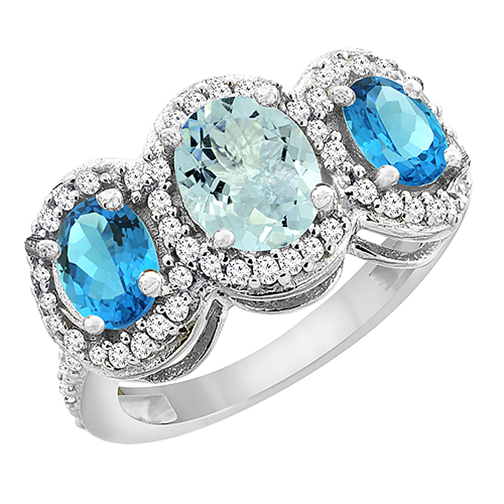 10K White Gold Natural Aquamarine & Swiss Blue Topaz 3-Stone Ring Oval Diamond Accent, sizes 5 - 10