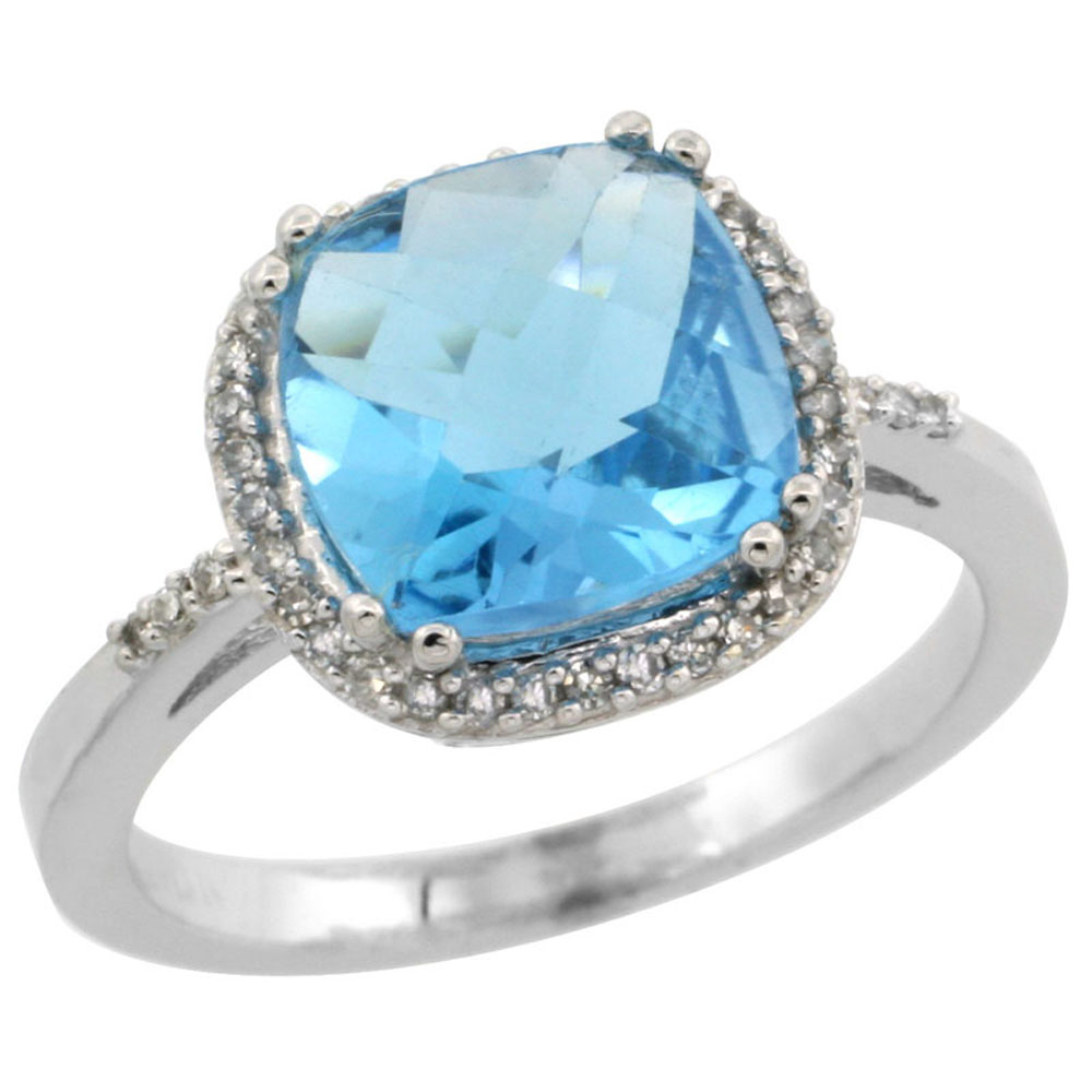 10K White Gold Diamond Genuine Blue Topaz Ring Halo Cushion-cut 9x9mm sizes 5-10