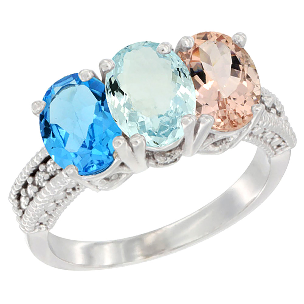 10K White Gold Natural Swiss Blue Topaz, Aquamarine & Morganite Ring 3-Stone Oval 7x5 mm Diamond Accent, sizes 5 - 10