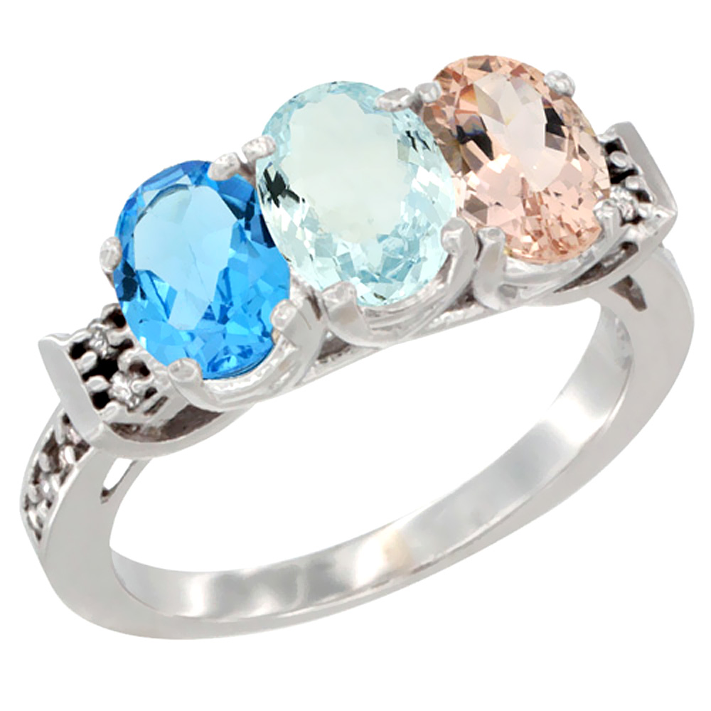 10K White Gold Natural Swiss Blue Topaz, Aquamarine &amp; Morganite Ring 3-Stone Oval 7x5 mm Diamond Accent, sizes 5 - 10