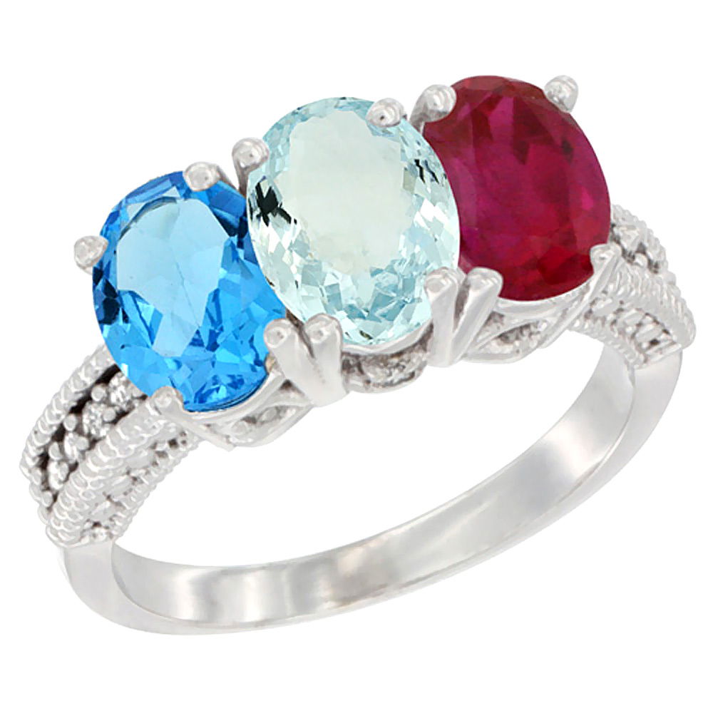 14K White Gold Natural Swiss Blue Topaz, Aquamarine & Enhanced Ruby Ring 3-Stone 7x5 mm Oval Diamond Accent, sizes 5 - 10