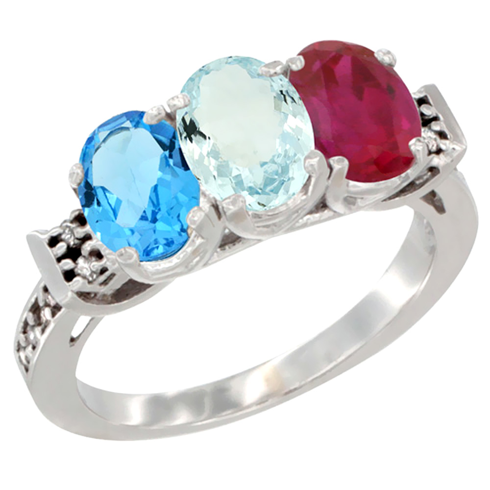 14K White Gold Natural Swiss Blue Topaz, Aquamarine & Enhanced Ruby Ring 3-Stone 7x5 mm Oval Diamond Accent, sizes 5 - 10