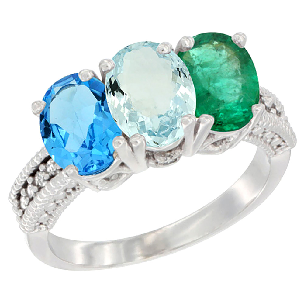 10K White Gold Natural Swiss Blue Topaz, Aquamarine &amp; Emerald Ring 3-Stone Oval 7x5 mm Diamond Accent, sizes 5 - 10