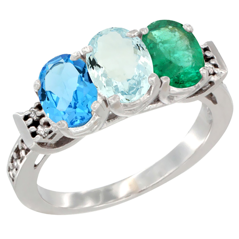 14K White Gold Natural Swiss Blue Topaz, Aquamarine & Emerald Ring 3-Stone 7x5 mm Oval Diamond Accent, sizes 5 - 10