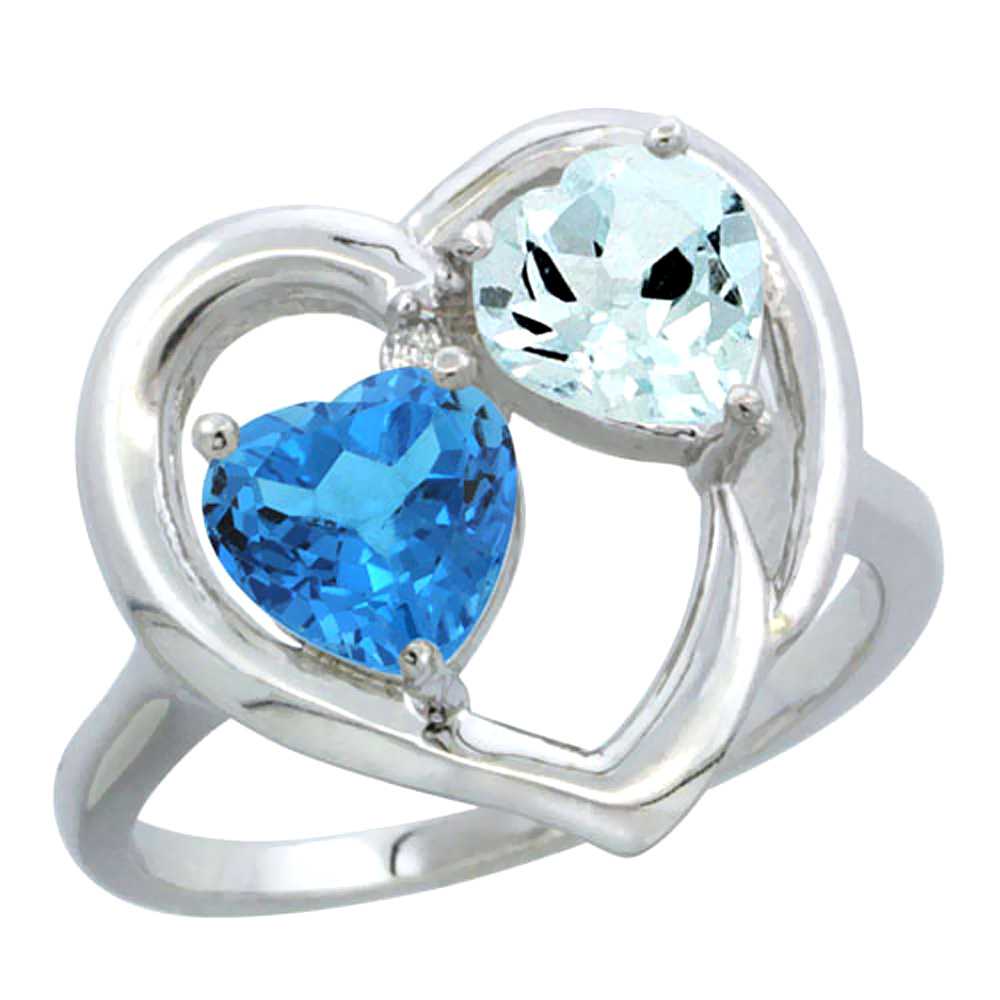 14K White Gold Diamond Two-stone Heart Ring 6mm Natural Swiss Blue Topaz &amp; Aquamarine, sizes 5-10