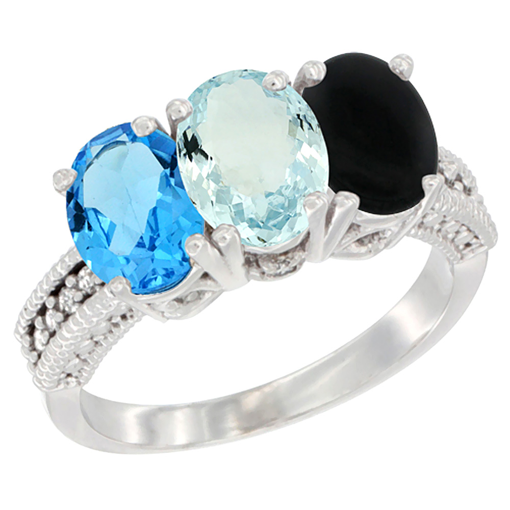 10K White Gold Natural Swiss Blue Topaz, Aquamarine & Black Onyx Ring 3-Stone Oval 7x5 mm Diamond Accent, sizes 5 - 10