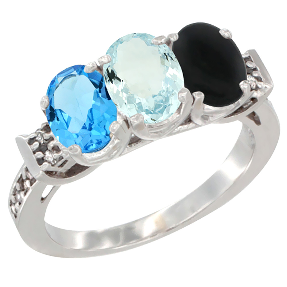 14K White Gold Natural Swiss Blue Topaz, Aquamarine &amp; Black Onyx Ring 3-Stone 7x5 mm Oval Diamond Accent, sizes 5 - 10