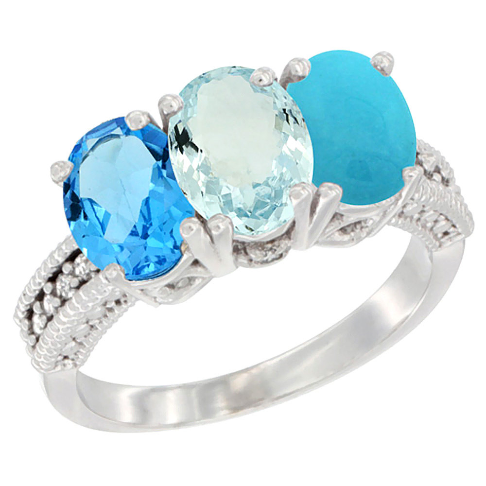 10K White Gold Natural Swiss Blue Topaz, Aquamarine &amp; Turquoise Ring 3-Stone Oval 7x5 mm Diamond Accent, sizes 5 - 10