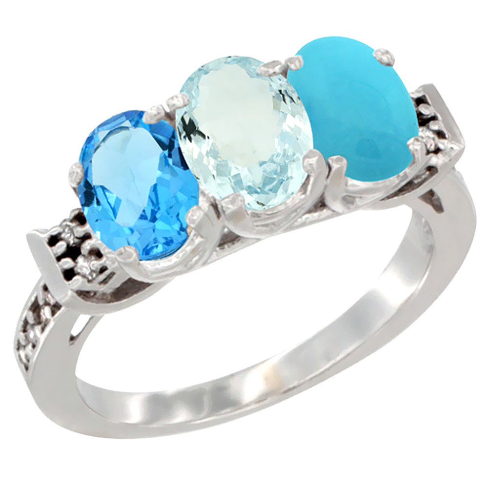 10K White Gold Natural Swiss Blue Topaz, Aquamarine & Turquoise Ring 3-Stone Oval 7x5 mm Diamond Accent, sizes 5 - 10