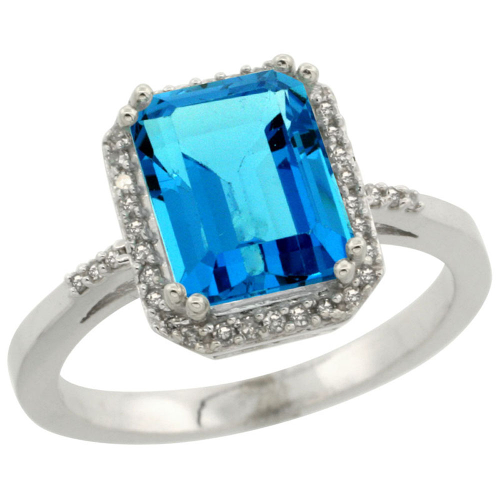10K White Gold Diamond Genuine Blue Topaz Ring Halo Emerald-cut 9x7mm sizes 5-10