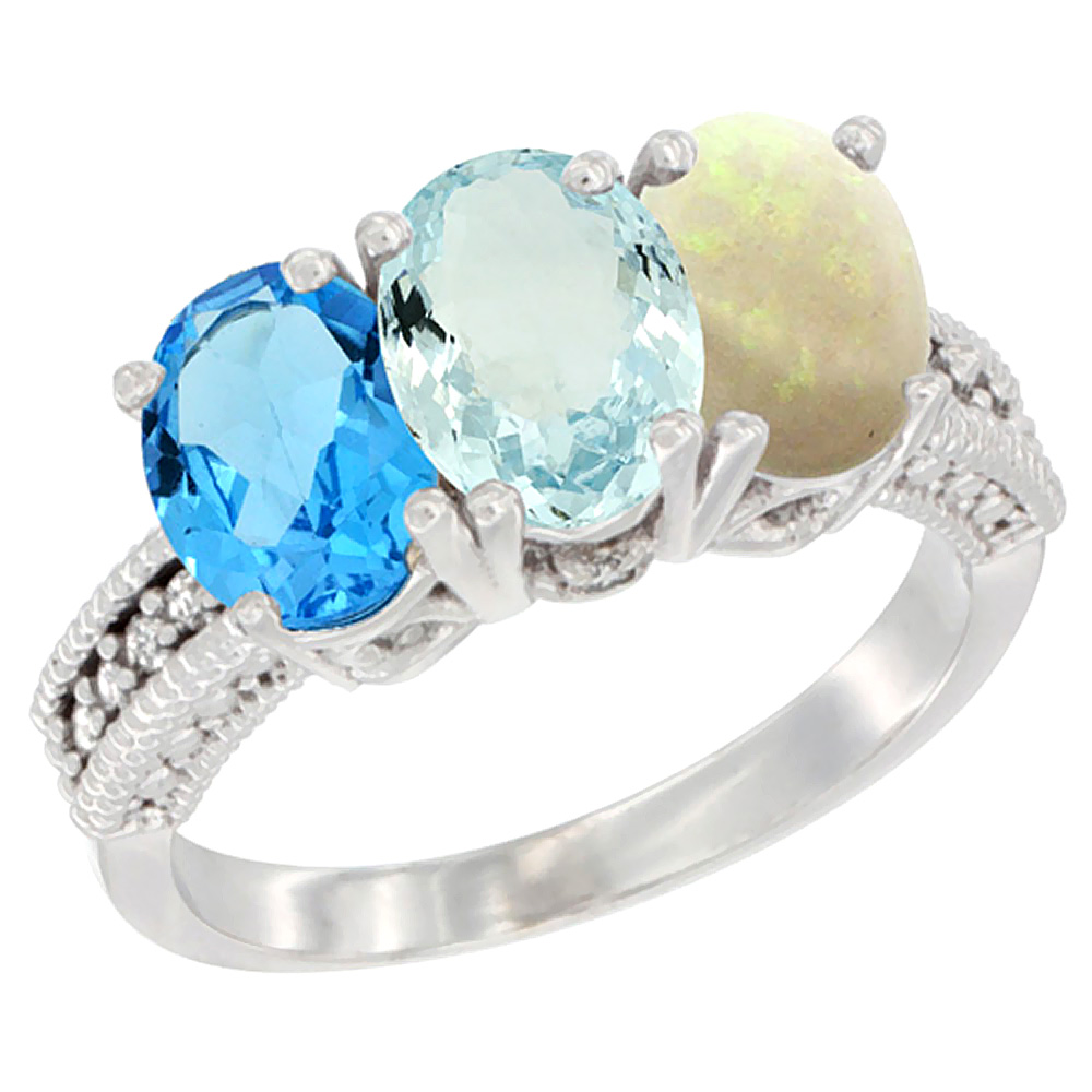 10K White Gold Natural Swiss Blue Topaz, Aquamarine &amp; Opal Ring 3-Stone Oval 7x5 mm Diamond Accent, sizes 5 - 10