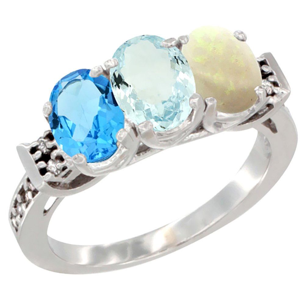 14K White Gold Natural Swiss Blue Topaz, Aquamarine & Opal Ring 3-Stone 7x5 mm Oval Diamond Accent, sizes 5 - 10