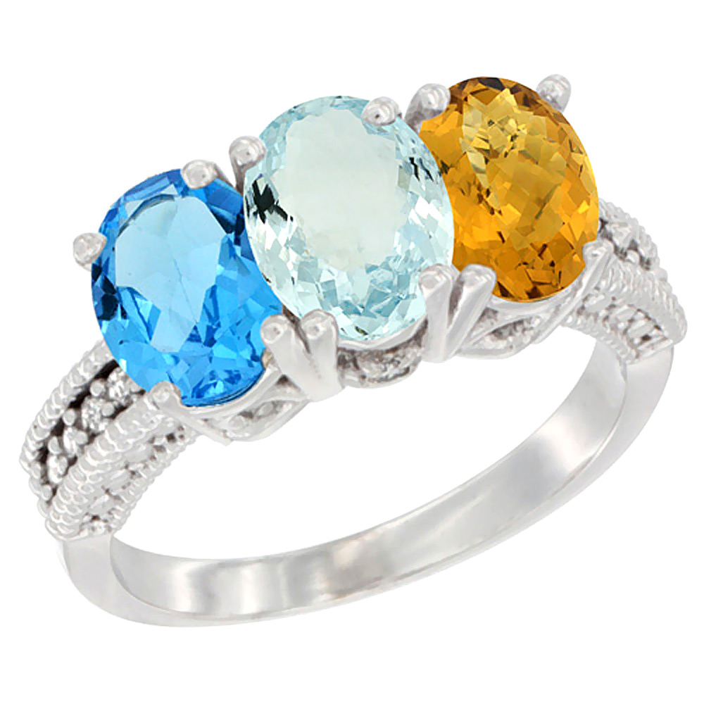 10K White Gold Natural Swiss Blue Topaz, Aquamarine &amp; Whisky Quartz Ring 3-Stone Oval 7x5 mm Diamond Accent, sizes 5 - 10