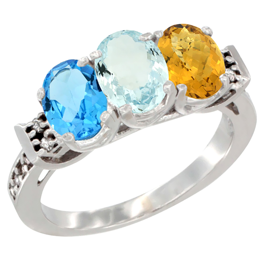 10K White Gold Natural Swiss Blue Topaz, Aquamarine &amp; Whisky Quartz Ring 3-Stone Oval 7x5 mm Diamond Accent, sizes 5 - 10