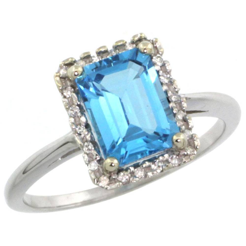 10K White Gold Diamond Genuine Blue Topaz Ring Halo Emerald-cut 8x6mm sizes 5-10