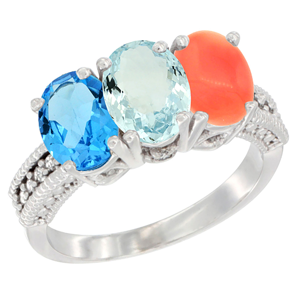 14K White Gold Natural Swiss Blue Topaz, Aquamarine & Coral Ring 3-Stone 7x5 mm Oval Diamond Accent, sizes 5 - 10