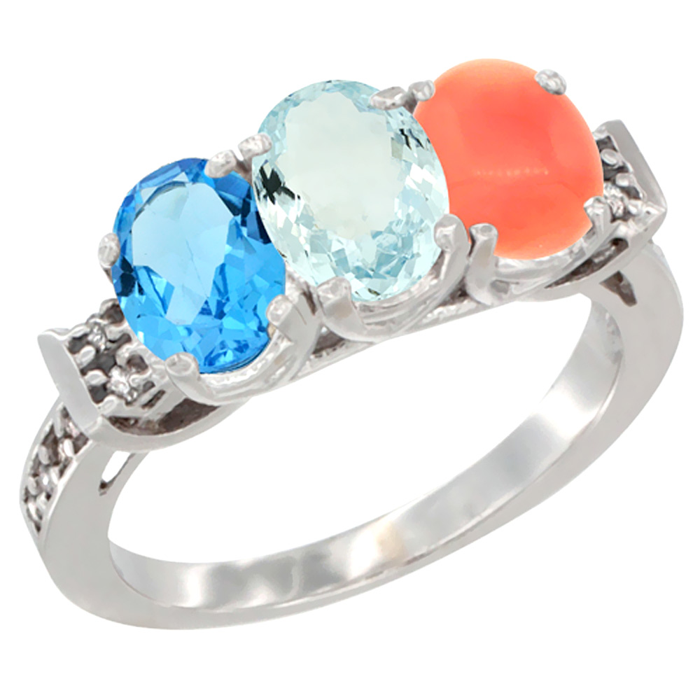 14K White Gold Natural Swiss Blue Topaz, Aquamarine & Coral Ring 3-Stone 7x5 mm Oval Diamond Accent, sizes 5 - 10