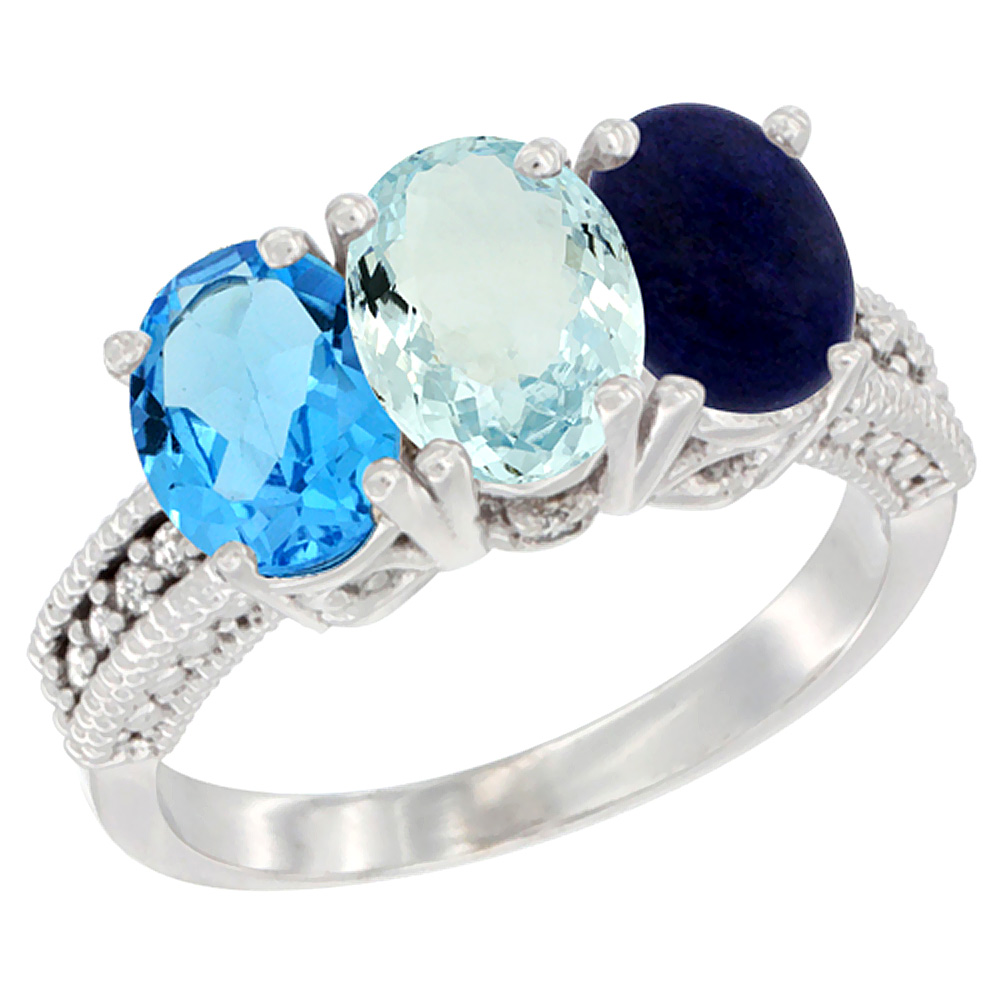 10K White Gold Natural Swiss Blue Topaz, Aquamarine & Lapis Ring 3-Stone Oval 7x5 mm Diamond Accent, sizes 5 - 10