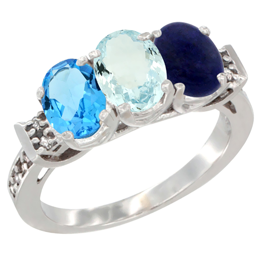 14K White Gold Natural Swiss Blue Topaz, Aquamarine &amp; Lapis Ring 3-Stone 7x5 mm Oval Diamond Accent, sizes 5 - 10