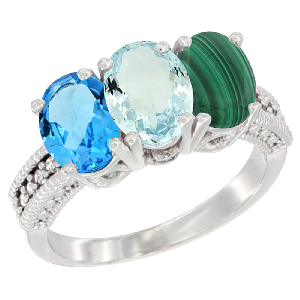 14K White Gold Natural Swiss Blue Topaz, Aquamarine &amp; Malachite Ring 3-Stone 7x5 mm Oval Diamond Accent, sizes 5 - 10