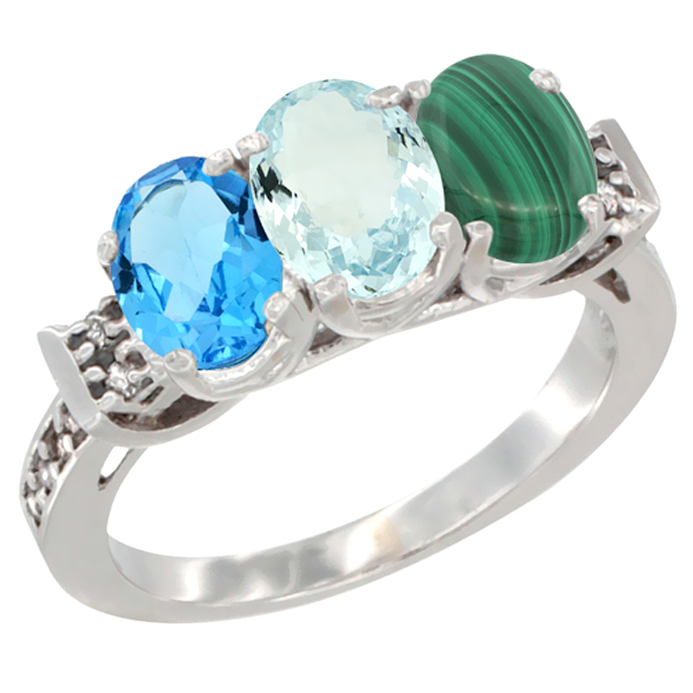 10K White Gold Natural Swiss Blue Topaz, Aquamarine & Malachite Ring 3-Stone Oval 7x5 mm Diamond Accent, sizes 5 - 10