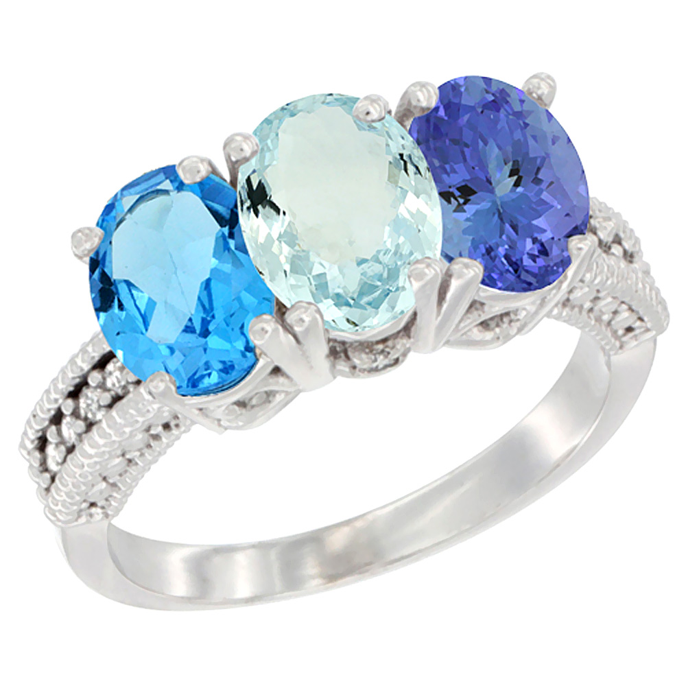 10K White Gold Natural Swiss Blue Topaz, Aquamarine & Tanzanite Ring 3-Stone Oval 7x5 mm Diamond Accent, sizes 5 - 10