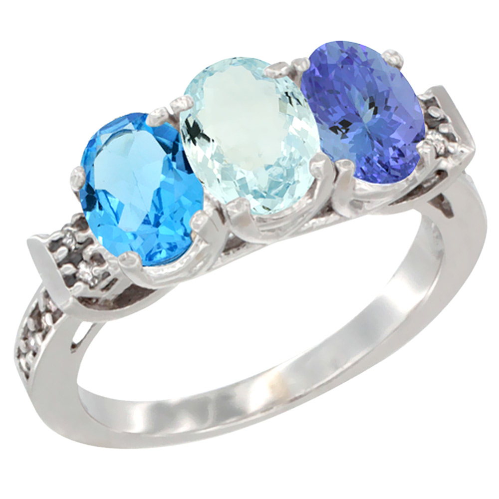 10K White Gold Natural Swiss Blue Topaz, Aquamarine & Tanzanite Ring 3-Stone Oval 7x5 mm Diamond Accent, sizes 5 - 10