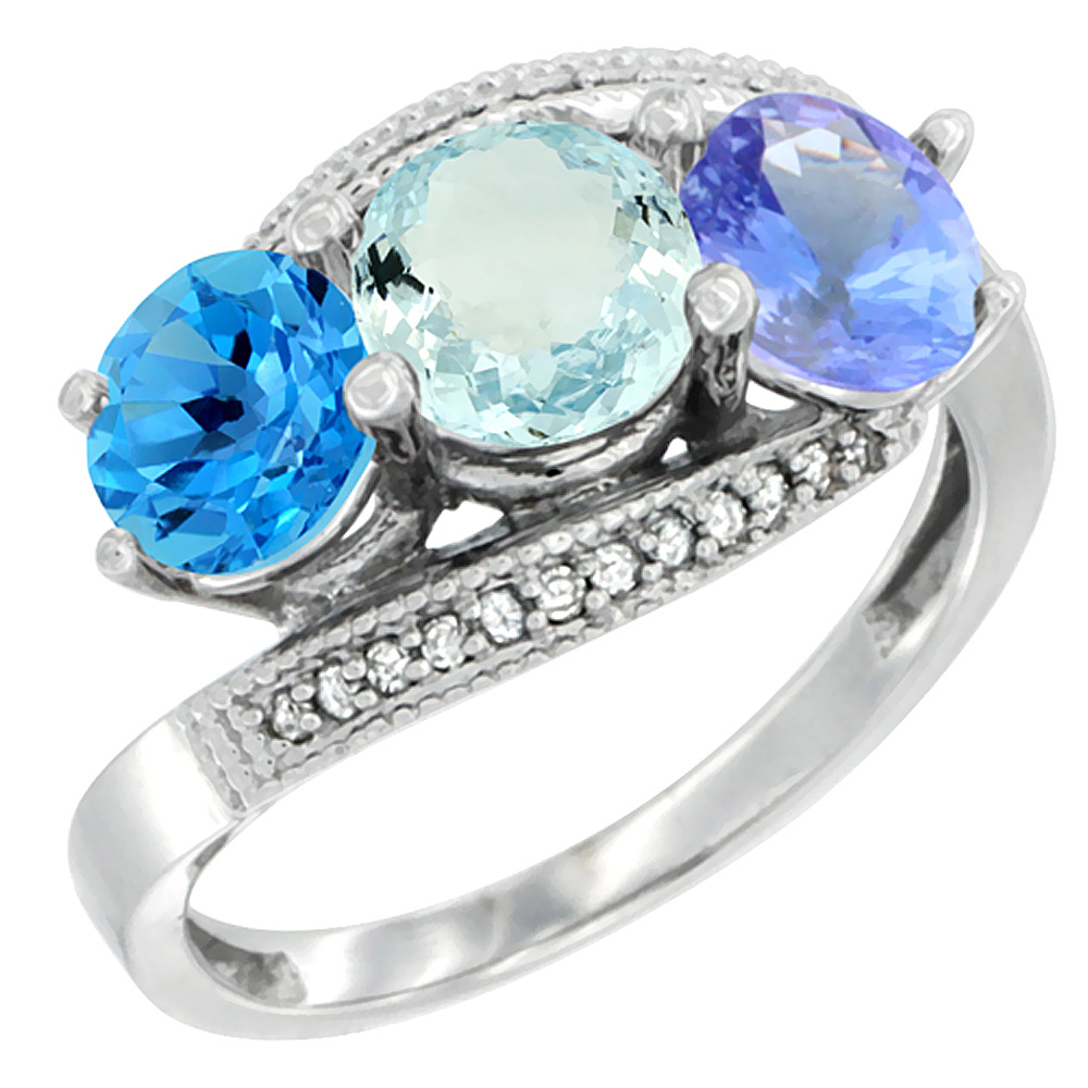 10K White Gold Natural Swiss Blue Topaz, Aquamarine & Tanzanite 3 stone Ring Round 6mm Diamond Accent, sizes 5 - 10