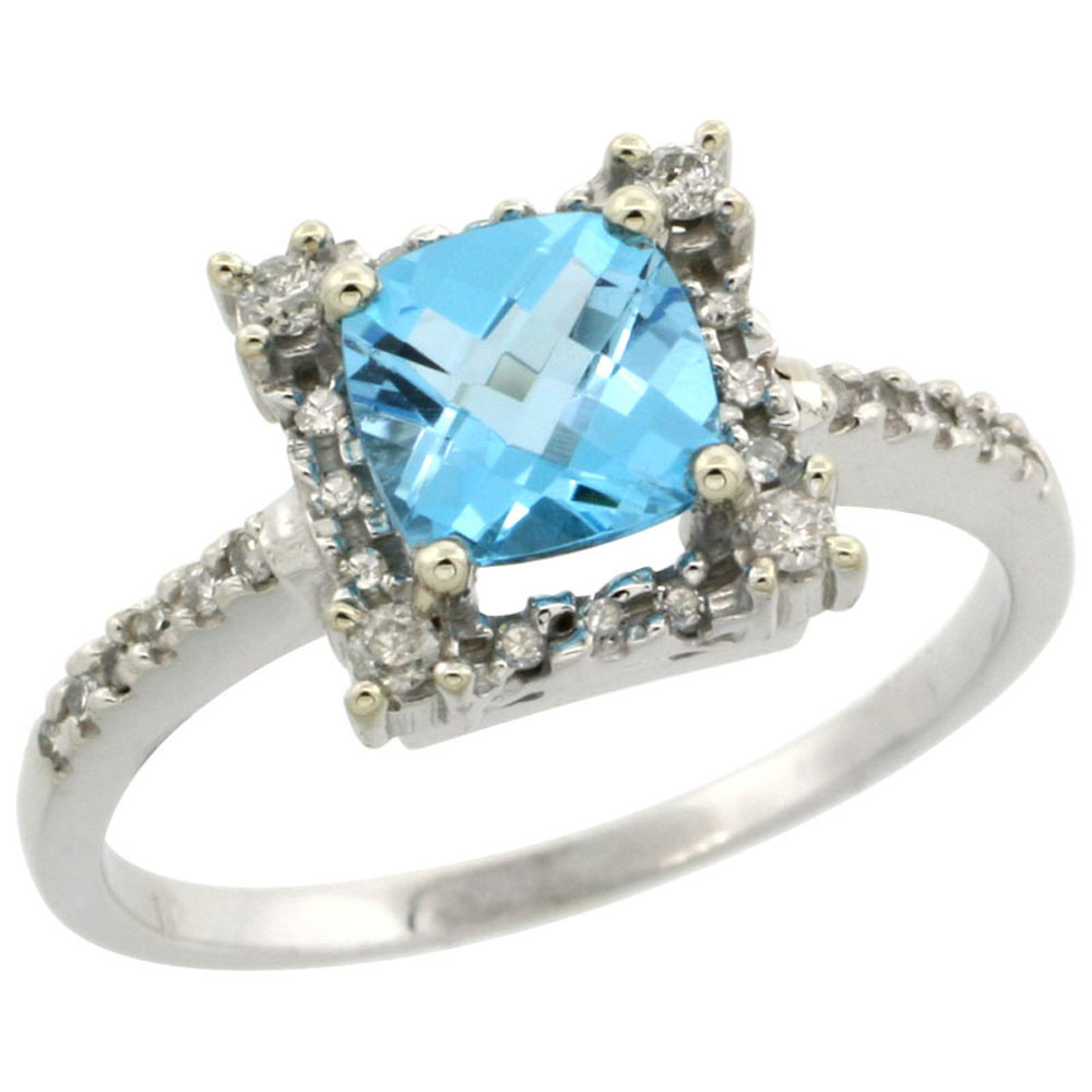 14K White Gold Natural Swiss Blue Topaz Ring Cushion-cut 6x6mm Diamond Halo, sizes 5-10