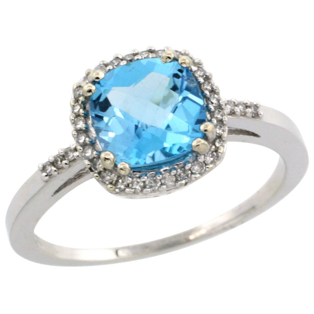 14K White Gold Diamond Natural Swiss Blue Topaz Ring Cushion-cut 7x7mm, sizes 5-10