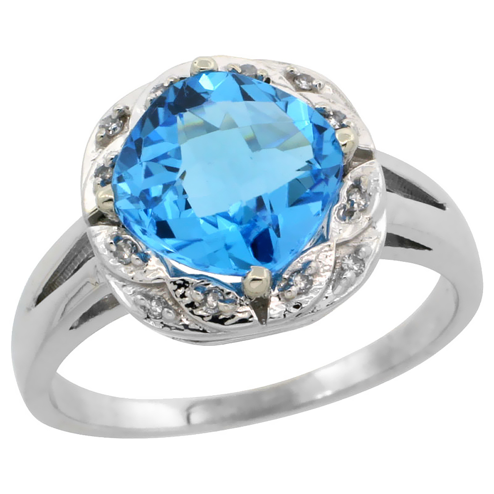 14K White Gold Natural Swiss Blue Topaz Ring Cushion-cut 8x8mm Diamond Halo, sizes 5-10