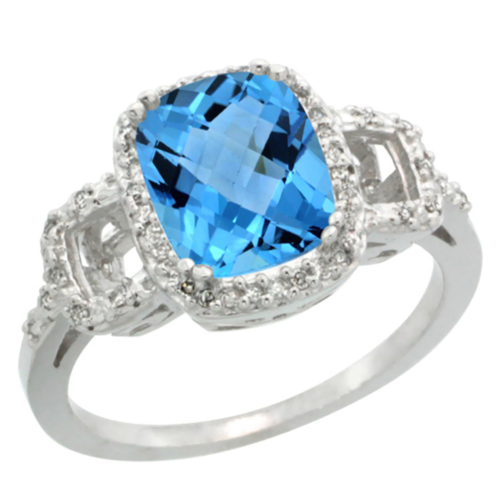 14K White Gold Diamond Natural Swiss Blue Topaz Ring Cushion-cut 9x7mm, sizes 5-10