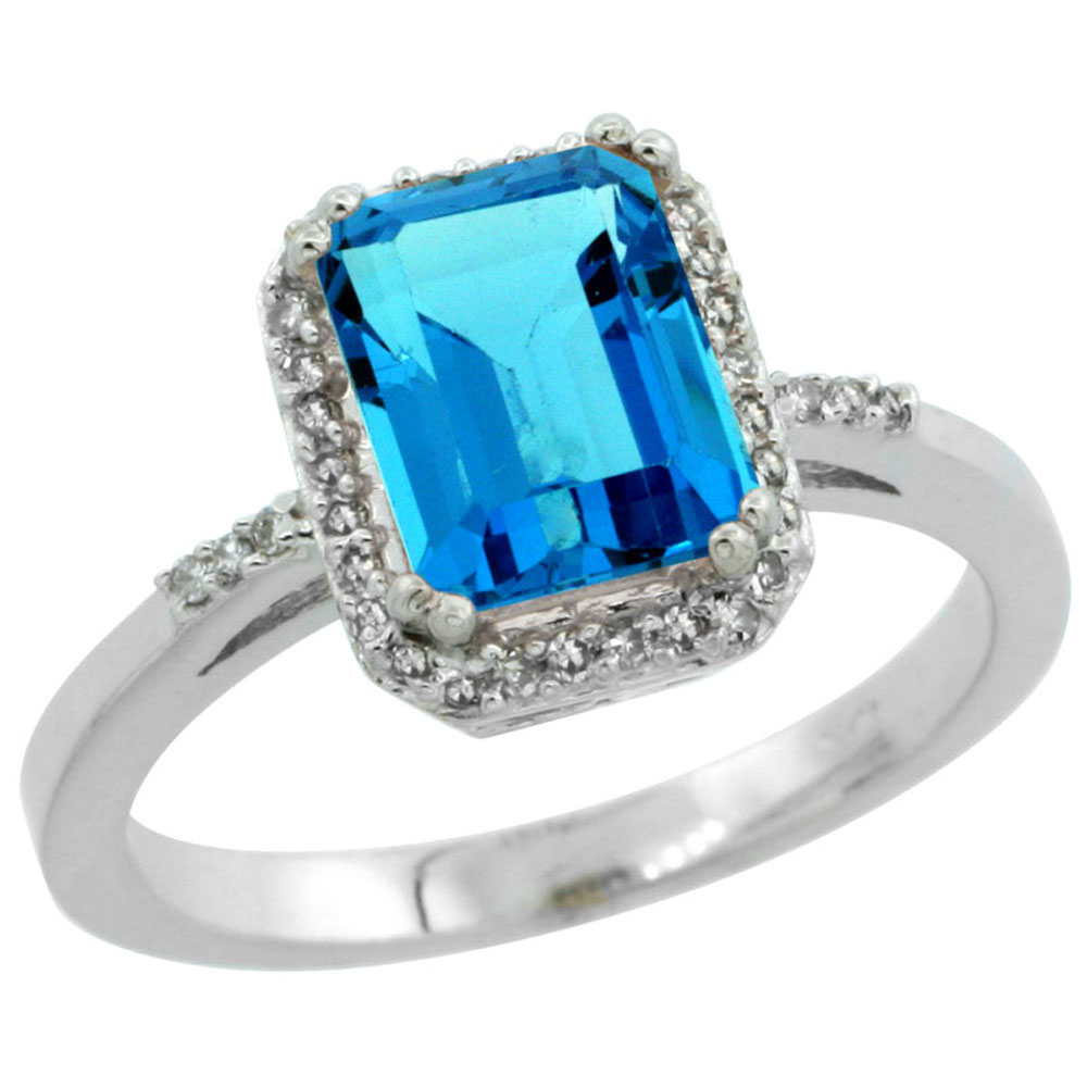 14K White Gold Diamond Natural Swiss Blue Topaz Ring Emerald-cut 8x6mm, sizes 5-10