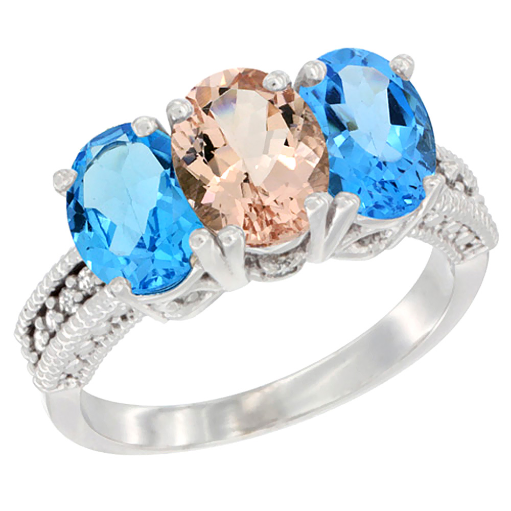 10K White Gold Natural Morganite &amp; Swiss Blue Topaz Sides Ring 3-Stone Oval 7x5 mm Diamond Accent, sizes 5 - 10