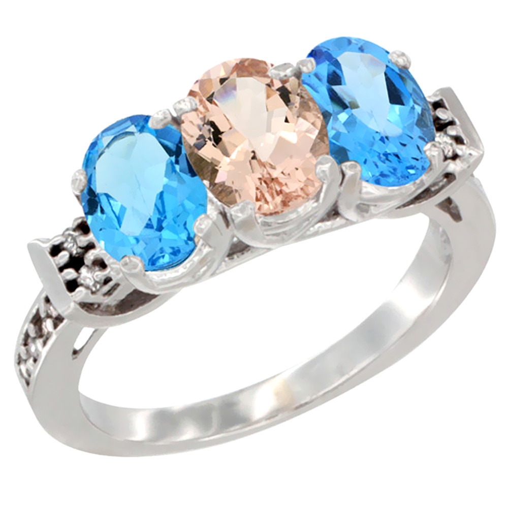 14K White Gold Natural Morganite & Swiss Blue Topaz Sides Ring 3-Stone 7x5 mm Oval Diamond Accent, sizes 5 - 10