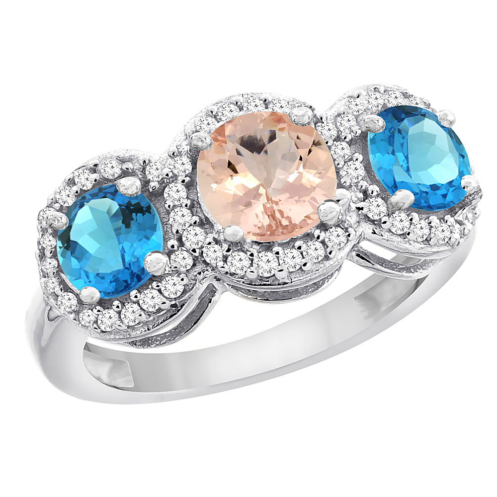 10K White Gold Natural Morganite & Swiss Blue Topaz Sides Round 3-stone Ring Diamond Accents, sizes 5 - 10