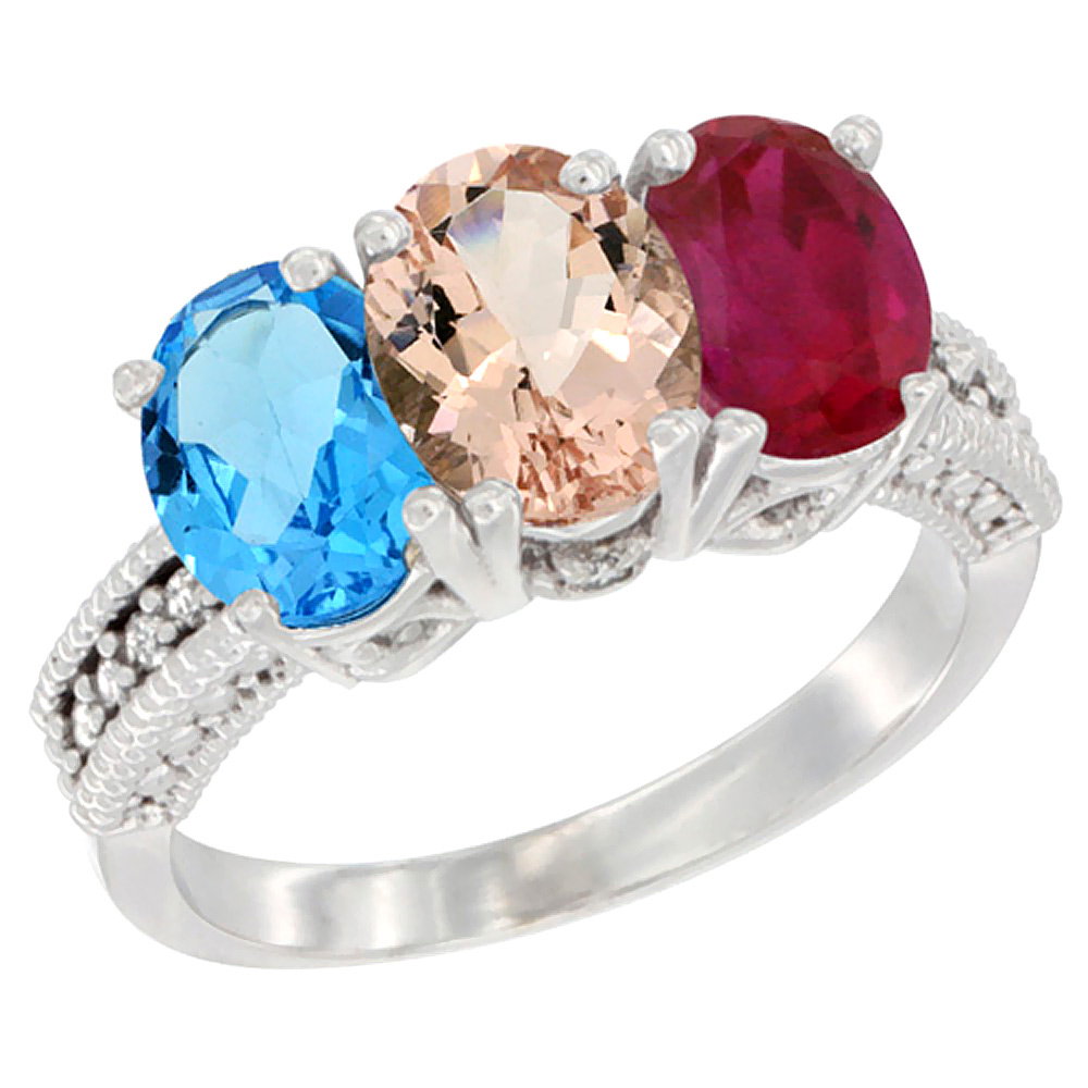 10K White Gold Natural Swiss Blue Topaz, Morganite & Enhanced Ruby Ring 3-Stone Oval 7x5 mm Diamond Accent, sizes 5 - 10