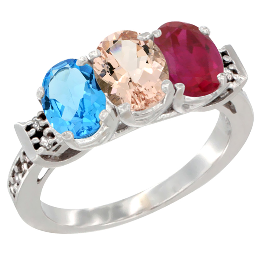 10K White Gold Natural Swiss Blue Topaz, Morganite & Enhanced Ruby Ring 3-Stone Oval 7x5 mm Diamond Accent, sizes 5 - 10