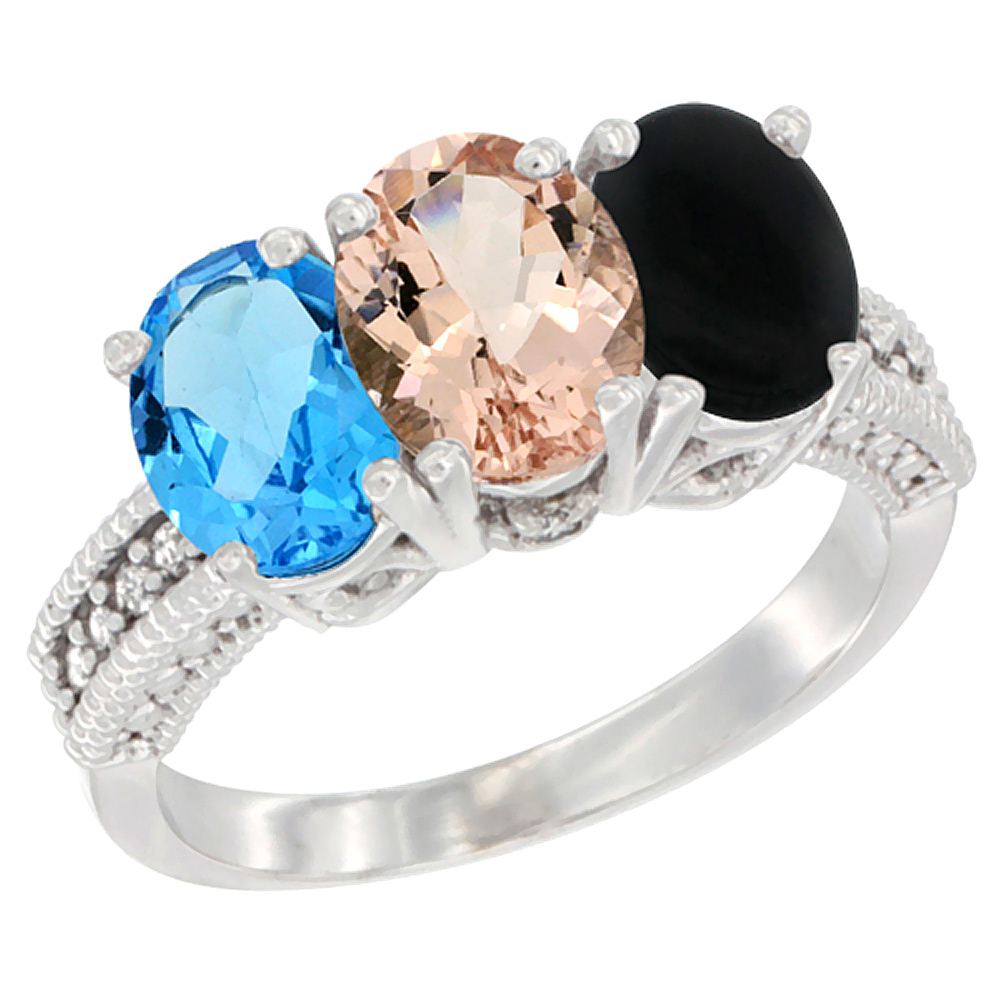 10K White Gold Natural Swiss Blue Topaz, Morganite & Black Onyx Ring 3-Stone Oval 7x5 mm Diamond Accent, sizes 5 - 10