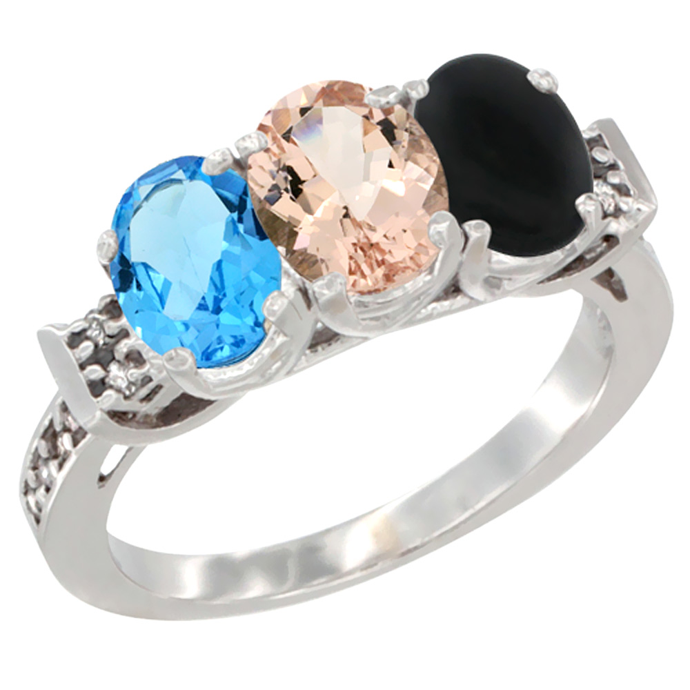 10K White Gold Natural Swiss Blue Topaz, Morganite &amp; Black Onyx Ring 3-Stone Oval 7x5 mm Diamond Accent, sizes 5 - 10