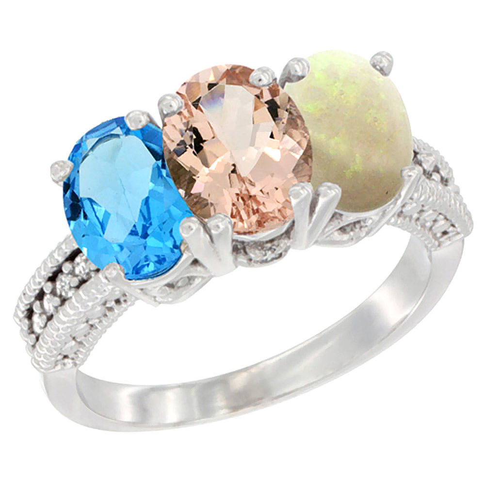 10K White Gold Natural Swiss Blue Topaz, Morganite & Opal Ring 3-Stone Oval 7x5 mm Diamond Accent, sizes 5 - 10