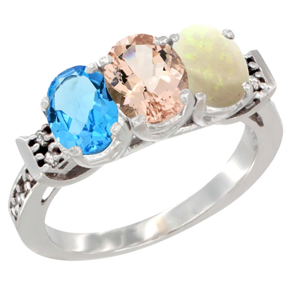 14K White Gold Natural Swiss Blue Topaz, Morganite &amp; Opal Ring 3-Stone 7x5 mm Oval Diamond Accent, sizes 5 - 10