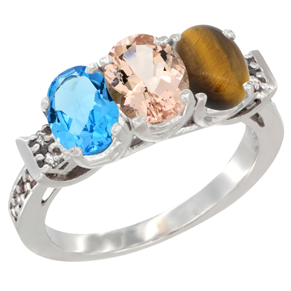 10K White Gold Natural Swiss Blue Topaz, Morganite &amp; Tiger Eye Ring 3-Stone Oval 7x5 mm Diamond Accent, sizes 5 - 10