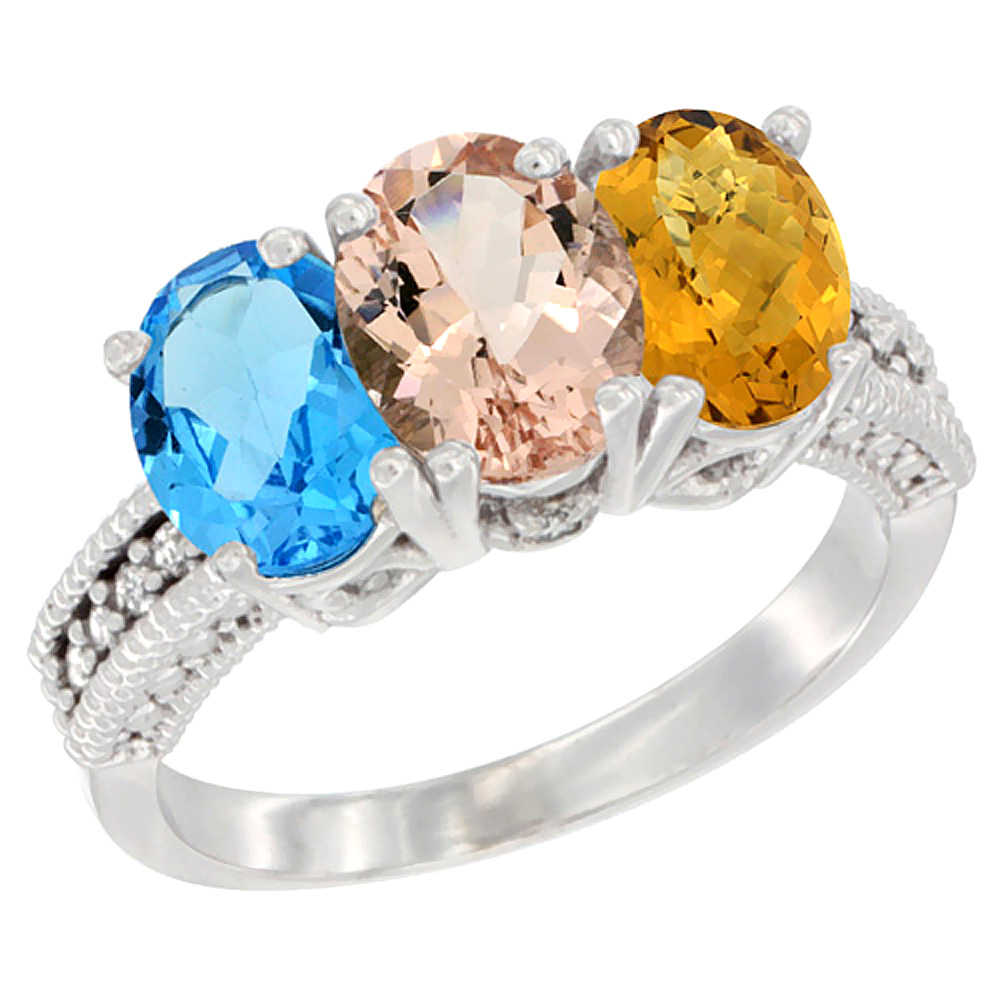 10K White Gold Natural Swiss Blue Topaz, Morganite &amp; Whisky Quartz Ring 3-Stone Oval 7x5 mm Diamond Accent, sizes 5 - 10