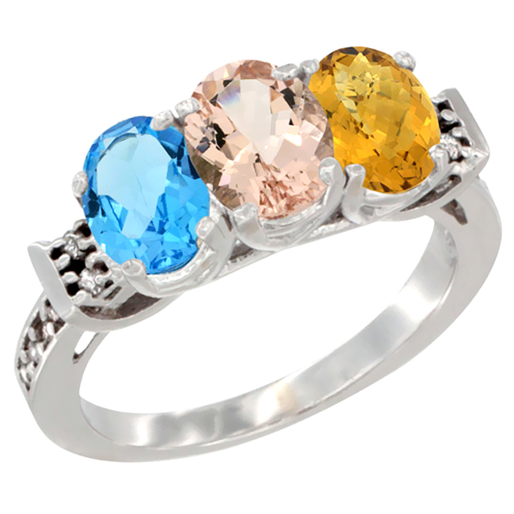 14K White Gold Natural Swiss Blue Topaz, Morganite & Whisky Quartz Ring 3-Stone 7x5 mm Oval Diamond Accent, sizes 5 - 10