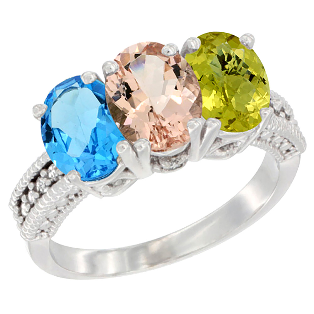 10K White Gold Natural Swiss Blue Topaz, Morganite & Lemon Quartz Ring 3-Stone Oval 7x5 mm Diamond Accent, sizes 5 - 10