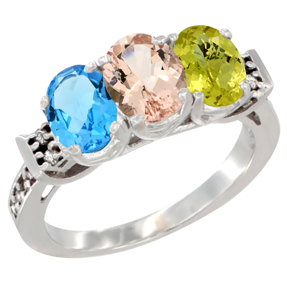 10K White Gold Natural Swiss Blue Topaz, Morganite &amp; Lemon Quartz Ring 3-Stone Oval 7x5 mm Diamond Accent, sizes 5 - 10