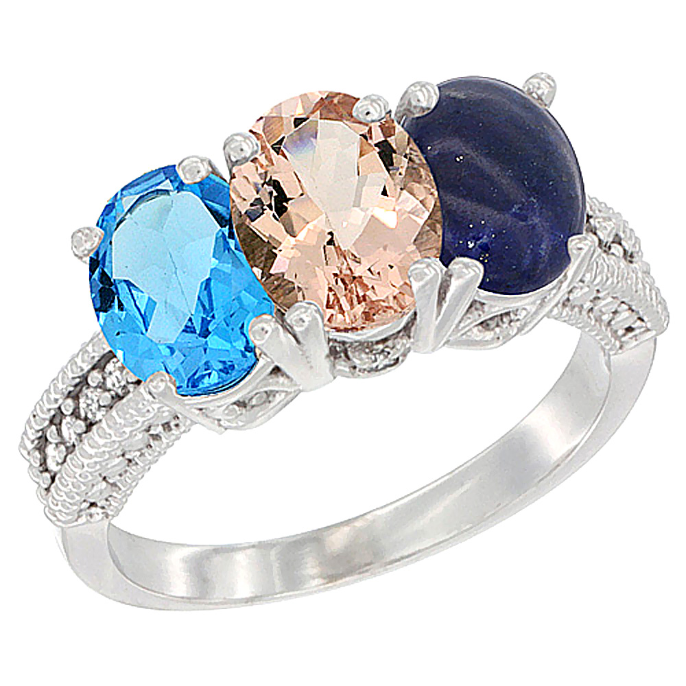 10K White Gold Natural Swiss Blue Topaz, Morganite & Lapis Ring 3-Stone Oval 7x5 mm Diamond Accent, sizes 5 - 10